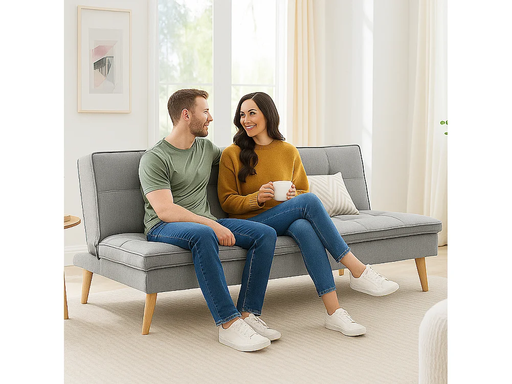 Divano Letto Reclinabile 3 Posti Ergonomico in Tessuto Grigio con Gambe in Legno