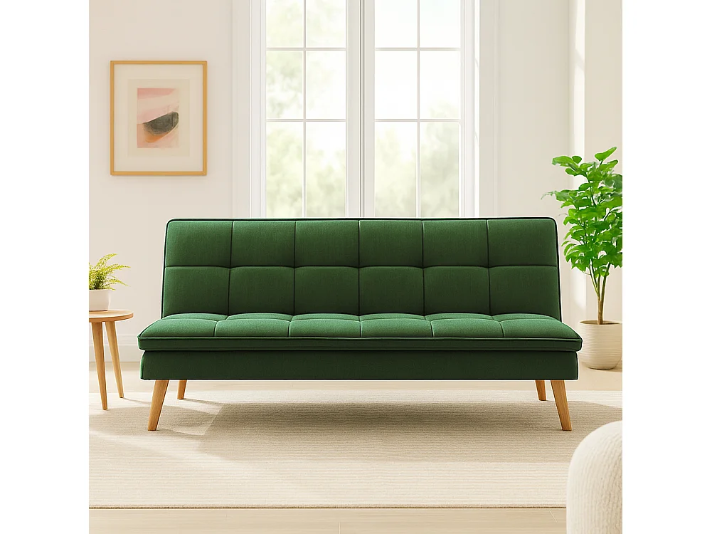 Divano Letto Reclinabile 3 Posti Ergonomico in Tessuto Verde con Gambe in Legno