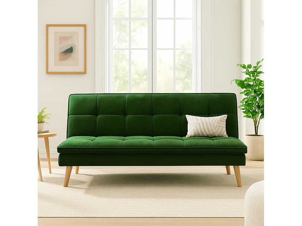 Divano Letto Reclinabile 3 Posti Ergonomico in Tessuto Verde con Gambe in Legno