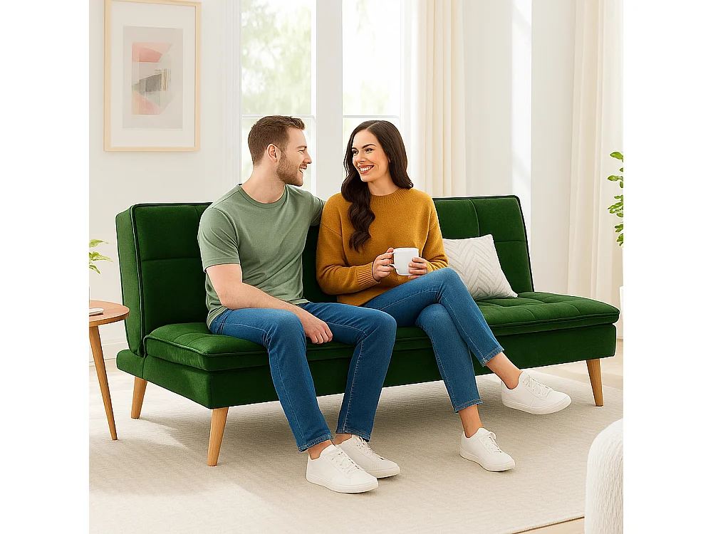 Divano Letto Reclinabile 3 Posti Ergonomico in Tessuto Verde con Gambe in Legno