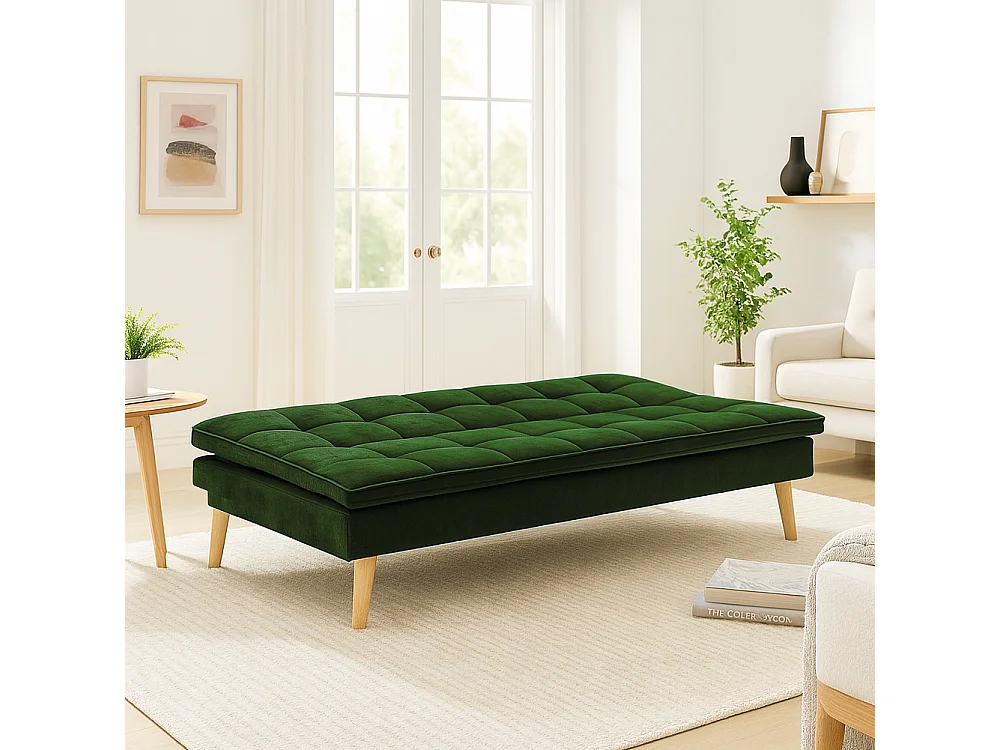 Divano Letto Reclinabile 3 Posti Ergonomico in Tessuto Verde con Gambe in Legno