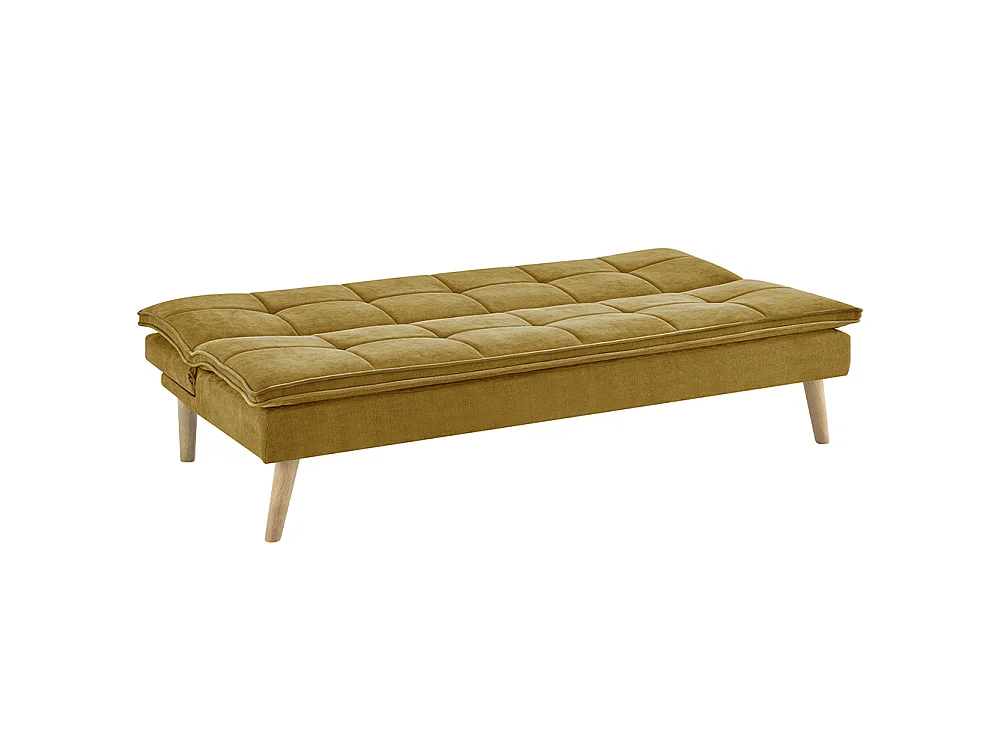 Divano Letto Reclinabile 3 Posti Ergonomico in Tessuto Mostarda con Gambe Legno