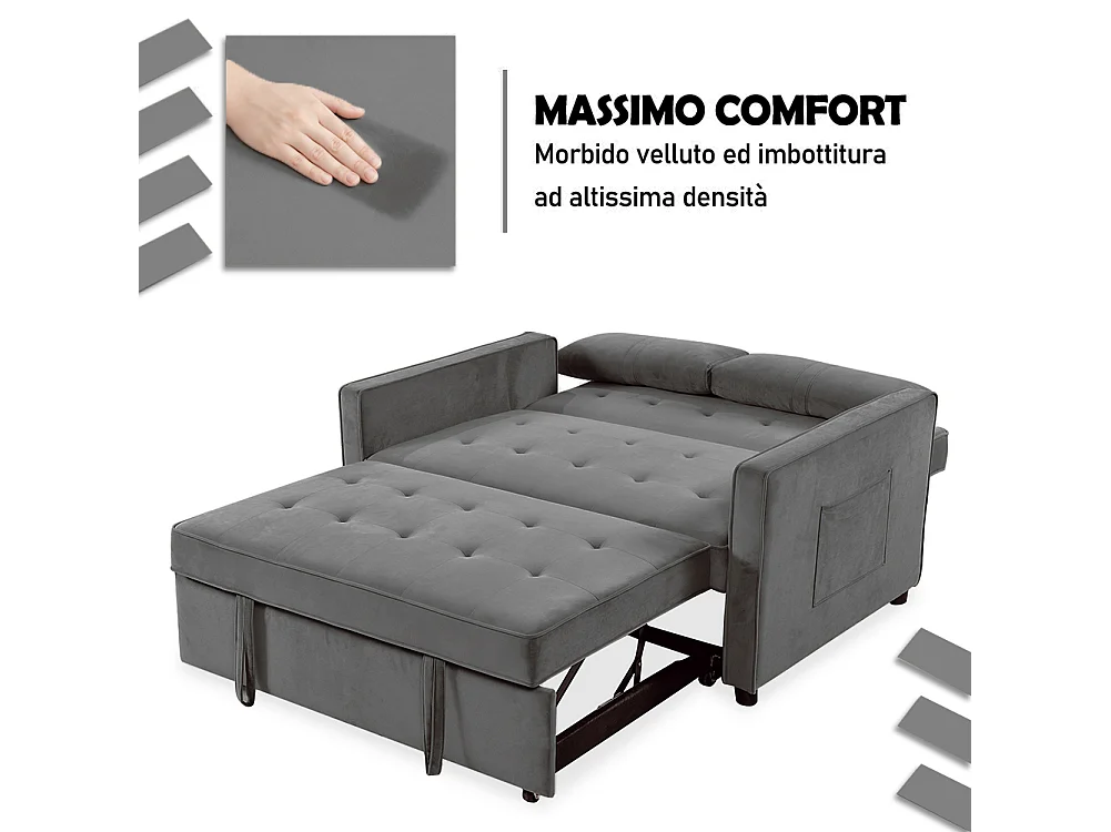 Divano Letto Due Posti in Velluto Premium con Imbottitura Alta Densità Grigio