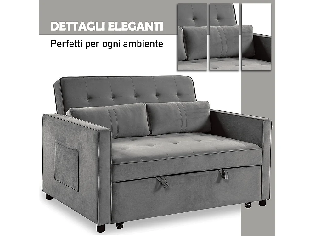 Divano Letto Due Posti in Velluto Premium con Imbottitura Alta Densità Grigio