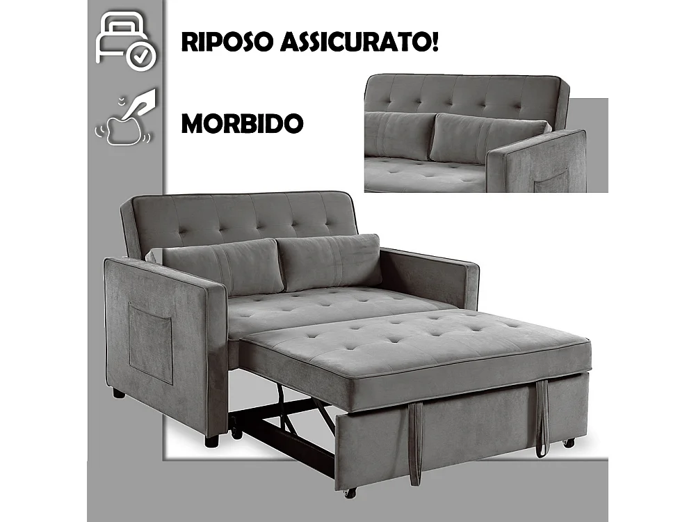 Divano Letto Due Posti in Velluto Premium con Imbottitura Alta Densità Grigio