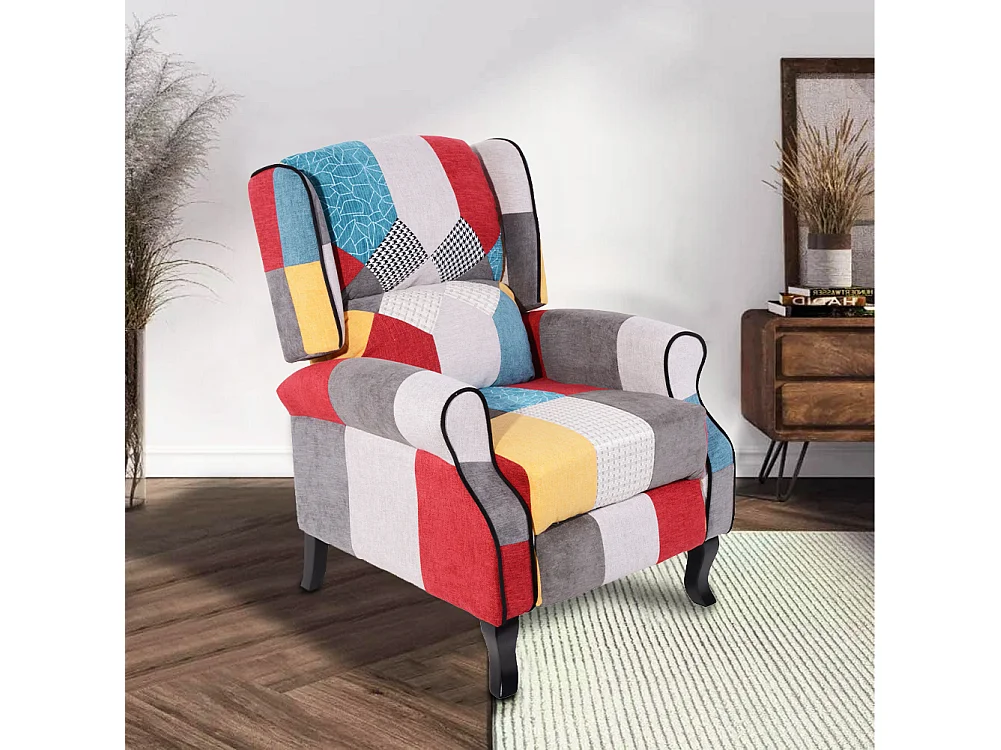 Sedia Poltrona Reclinabile Patchwork Toppe Design Seduta Comoda Struttura Legno