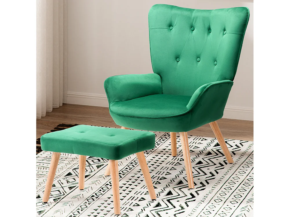 Poltrona con Sgabello da Salotto in Velluto Verde Sedia con Poggiapiedi Moderno