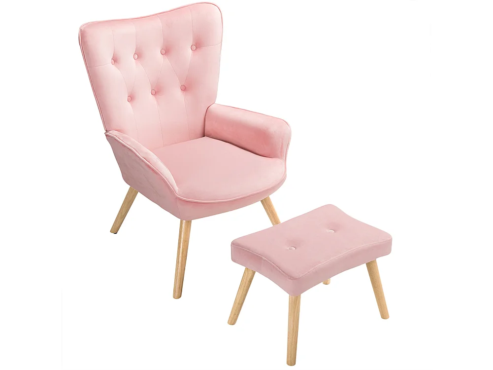 Poltrona con Sgabello da Salotto in Velluto Rosa Sedia con Poggiapiedi Moderno