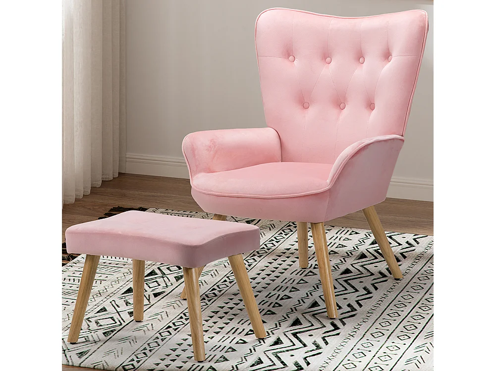 Poltrona con Sgabello da Salotto in Velluto Rosa Sedia con Poggiapiedi Moderno