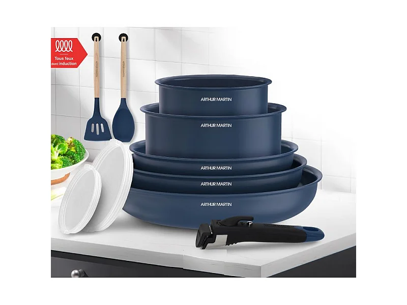 Batterie de cuisine 10 pièces poignée amovible Bleu Arthur Martin AM6455