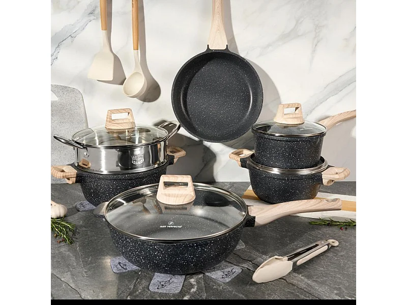 Batterie de cuisine 15 pièces avec cuiseur à vapeur Antiadhésif en Granit noir - Tous feux dont induction Just perfecto JL-780