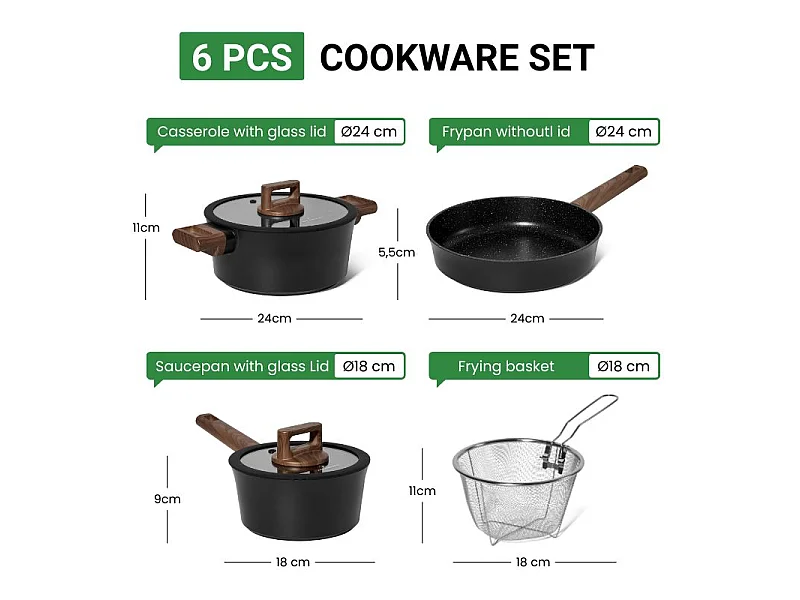 Batterie de cuisine 6 pièces à revêtement marbré avec couvercles tous feux dont induction Noir Just perfecto JL-332