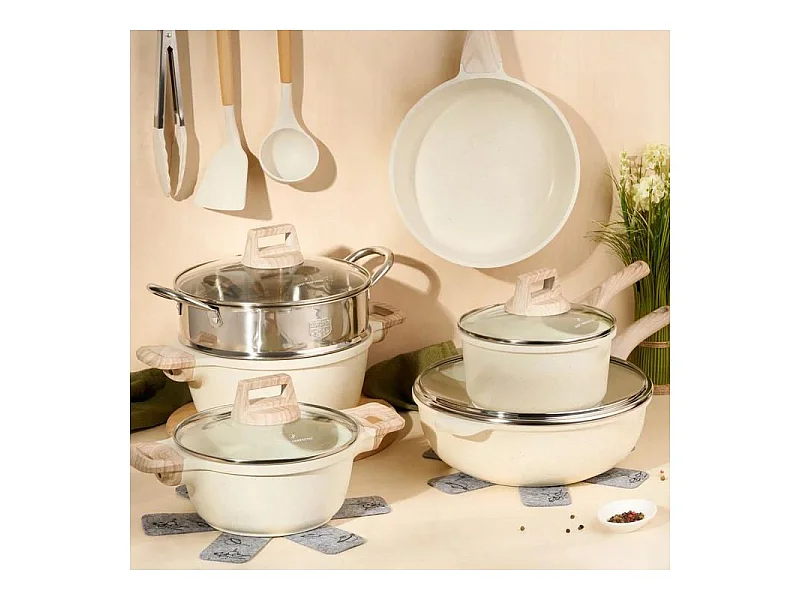 Batterie de cuisine 15 pièces avec cuiseur à vapeur Antiadhésif en Granit beige - Tous feux dont induction Just perfecto JL-779