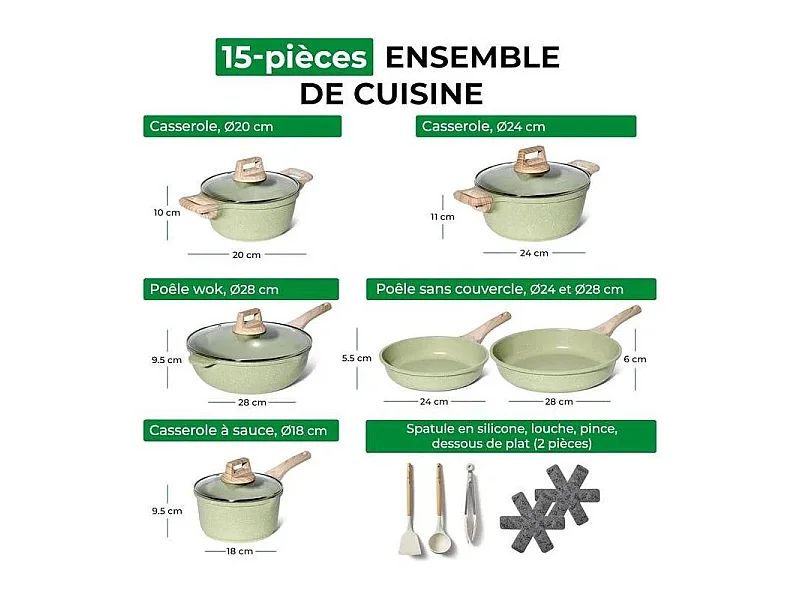 Batterie de cuisine 15 pièces Antiadhésif en Granit vert - Tous feux dont induction Just perfecto JL-787