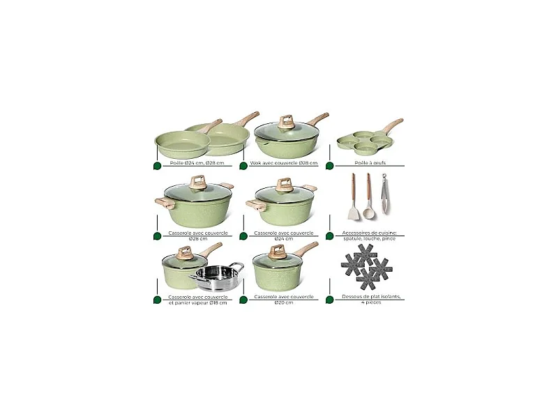 Batterie de cuisine 21 pièces Antiadhésif en Granit vert - Tous feux dont induction Just perfecto JL-723
