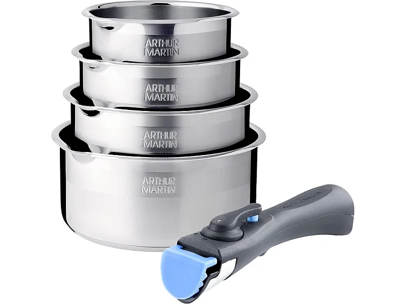Batterie de cuisine inox 12 pièces avec 2 manches amovibles et 3 couvercles en silicone Arthur Martin AM2717