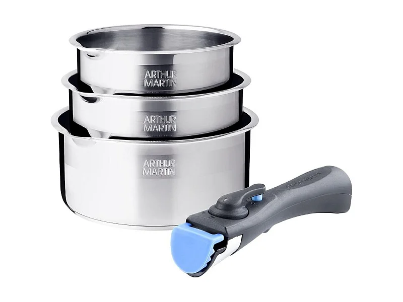 Batterie de cuisine inox 11 pieces avec 2 manches amovibles et 3 couvercles en silicone Arthur Martin AM2700