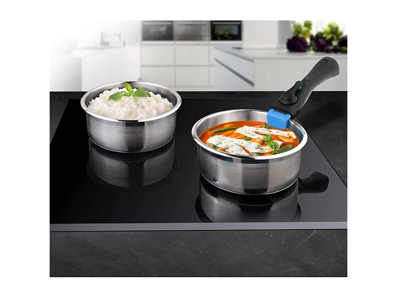 Batterie de cuisine inox 11 pieces avec 2 manches amovibles et 3 couvercles en silicone Arthur Martin AM2700