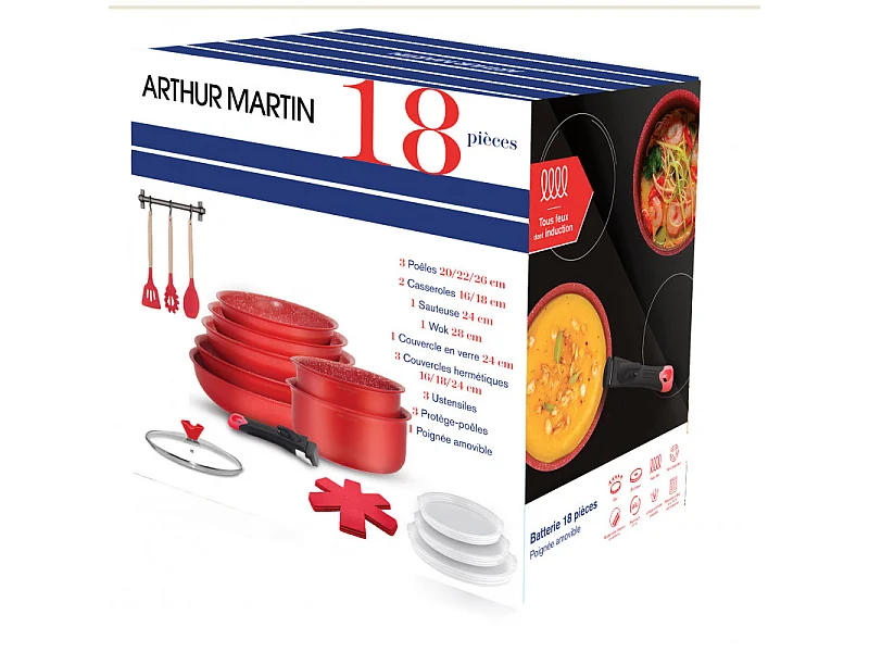 Batterie de cuisine avec manche amovible 18 pièces Rouge Arthur Martin AMR94