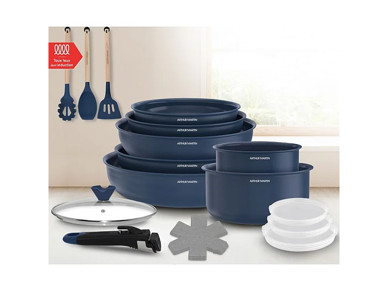 Batterie de cuisine 18 pièces poignée amovible Bleu Arthur Martin AM5546