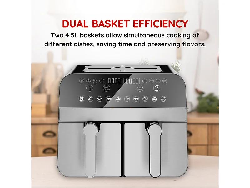 Friteuse à air chaud Airfryer numérique double panier 2400W Acier Inoxydable 9L Comfy Nest CN-AFD45NS