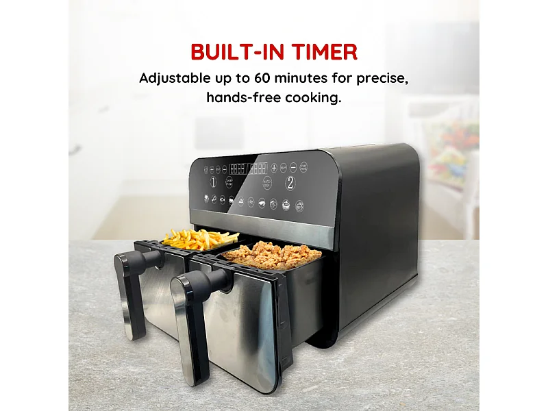Friteuse à air chaud Airfryer numérique double panier 2400W Acier Inoxydable 9L Comfy Nest CN-AFD45NS