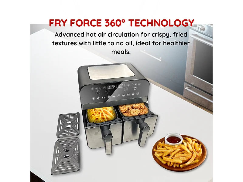 Friteuse à air chaud Airfryer numérique double panier 2400W Acier Inoxydable 9L Comfy Nest CN-AFD45NS
