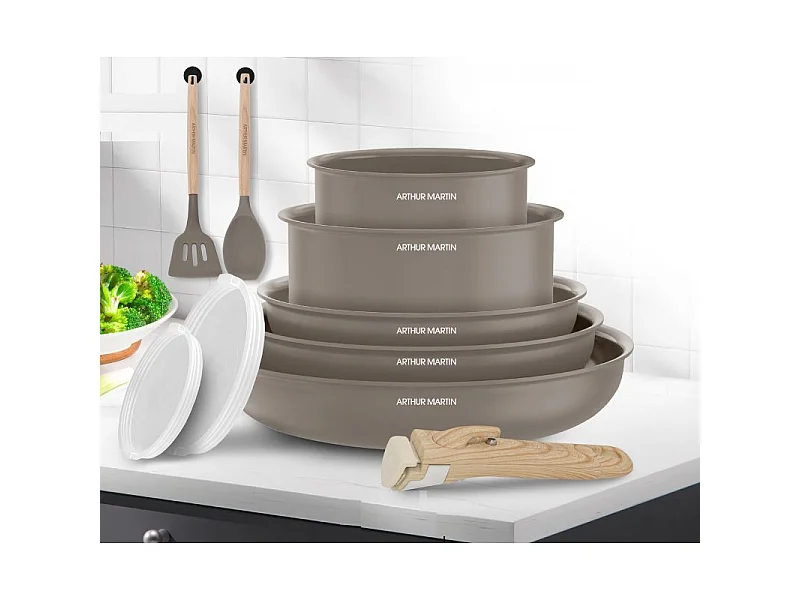 Batterie de cuisine 10 pièces poignée amovible Taupe Arthur Martin AM0986