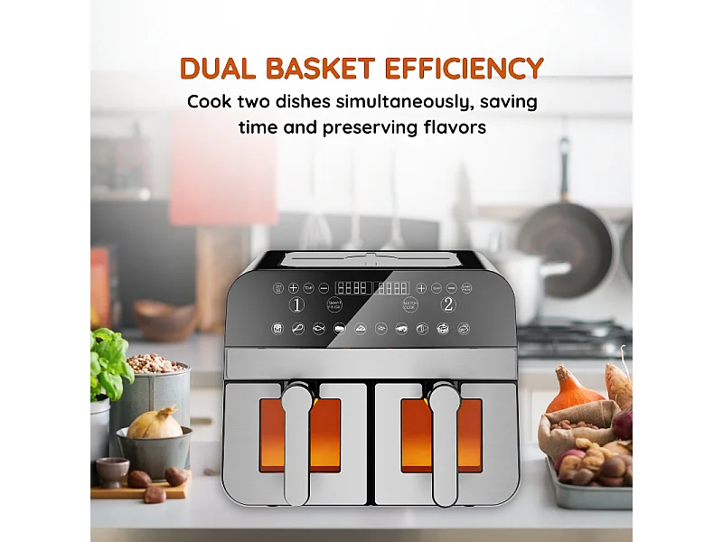 Friteuse à air chaud Airfryer numérique double panier 2400W Acier Inoxydable avec fenêtre 9L Comfy Nest CNAFD45WS