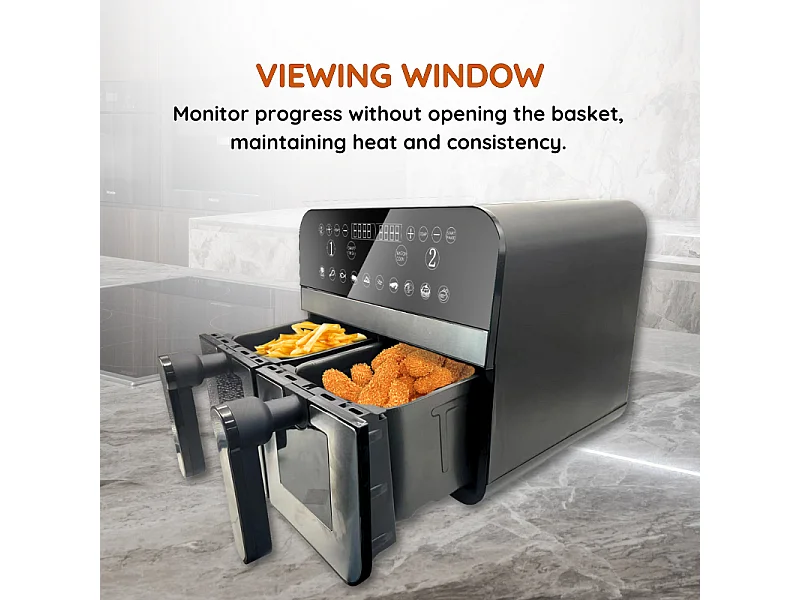 Friteuse à air chaud Airfryer numérique double panier 2400W Acier Inoxydable avec fenêtre 9L Comfy Nest CNAFD45WS