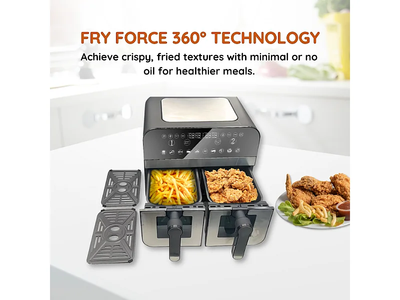 Friteuse à air chaud Airfryer numérique double panier 2400W Acier Inoxydable avec fenêtre 9L Comfy Nest CNAFD45WS