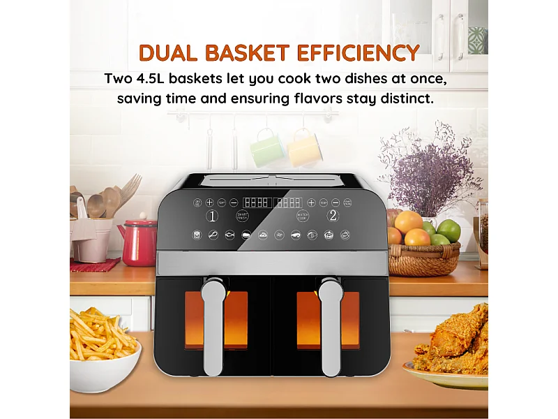 Friteuse à air chaud Airfryer numérique double panier Noire 2400W avec fenêtre 9L Comfy Nest CNAFD45WB