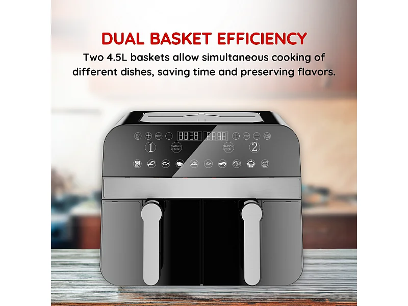 Friteuse à air chaud Airfryer numérique double panier Noire 2400W 9L Comfy Nest CNAFD45NB