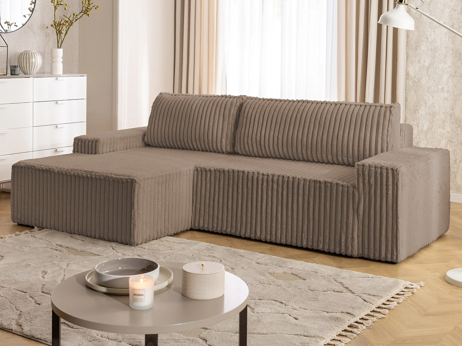 Canapé d’angle avec fonction couchage et coffre de rangement en tissu côtelé peluche RIVIO