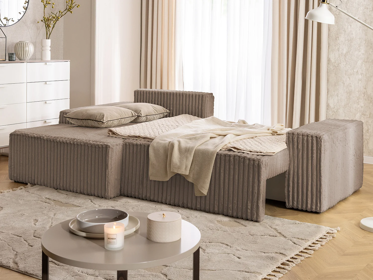 Canapé d’angle avec fonction couchage et coffre de rangement en tissu côtelé peluche RIVIO