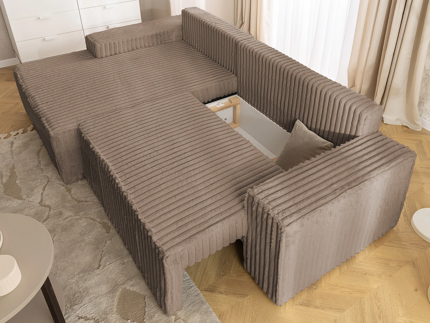 Canapé d’angle avec fonction couchage et coffre de rangement en tissu côtelé peluche RIVIO
