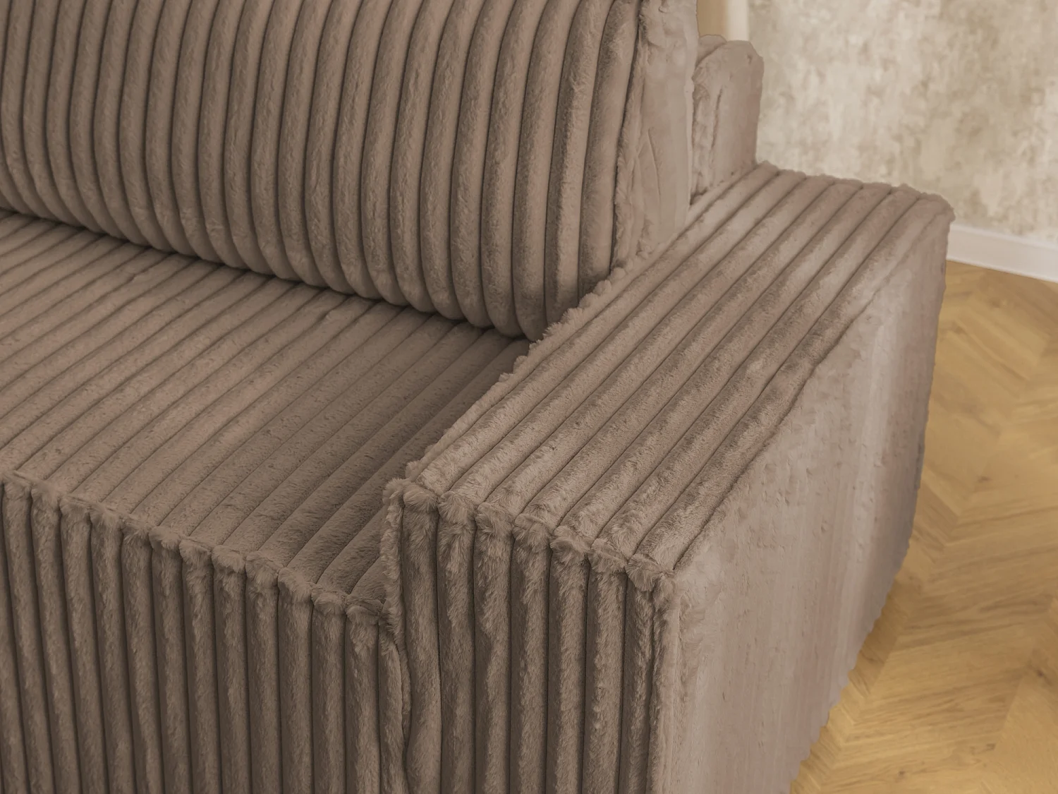 Canapé d’angle avec fonction couchage et coffre de rangement en tissu côtelé peluche RIVIO