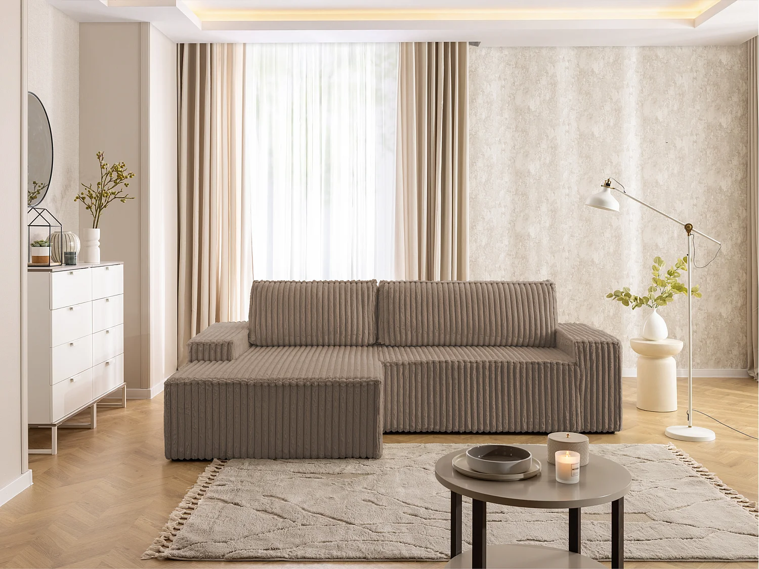 Canapé d’angle avec fonction couchage et coffre de rangement en tissu côtelé peluche RIVIO