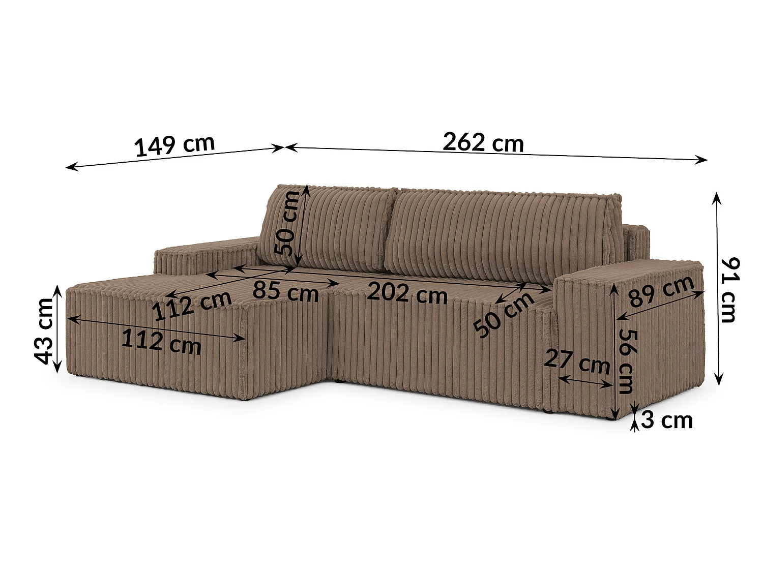Canapé d’angle avec fonction couchage et coffre de rangement en tissu côtelé peluche RIVIO