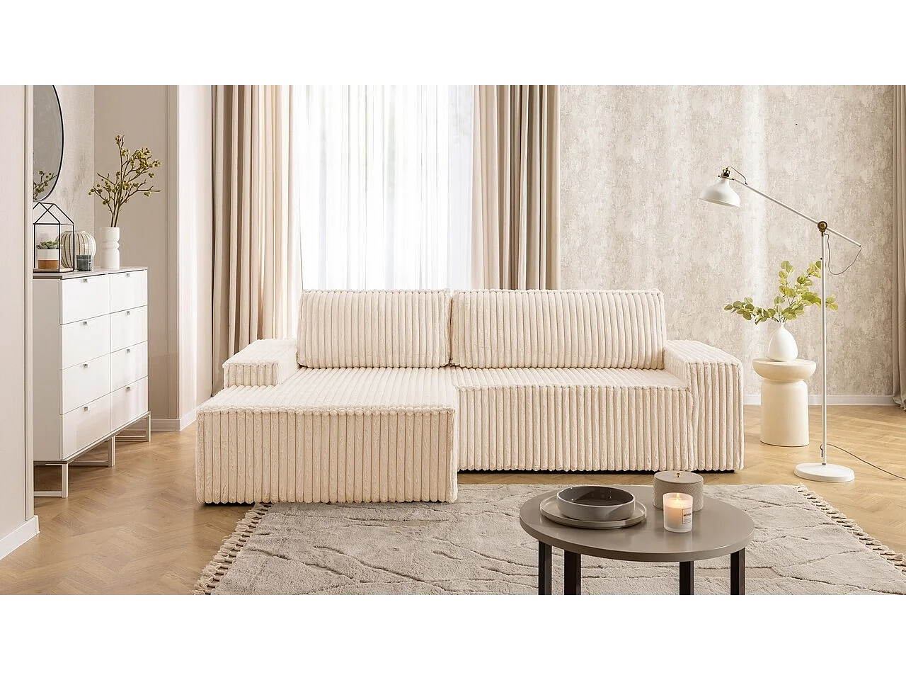 Canapé d’angle avec fonction couchage et coffre de rangement en tissu côtelé RIVIO