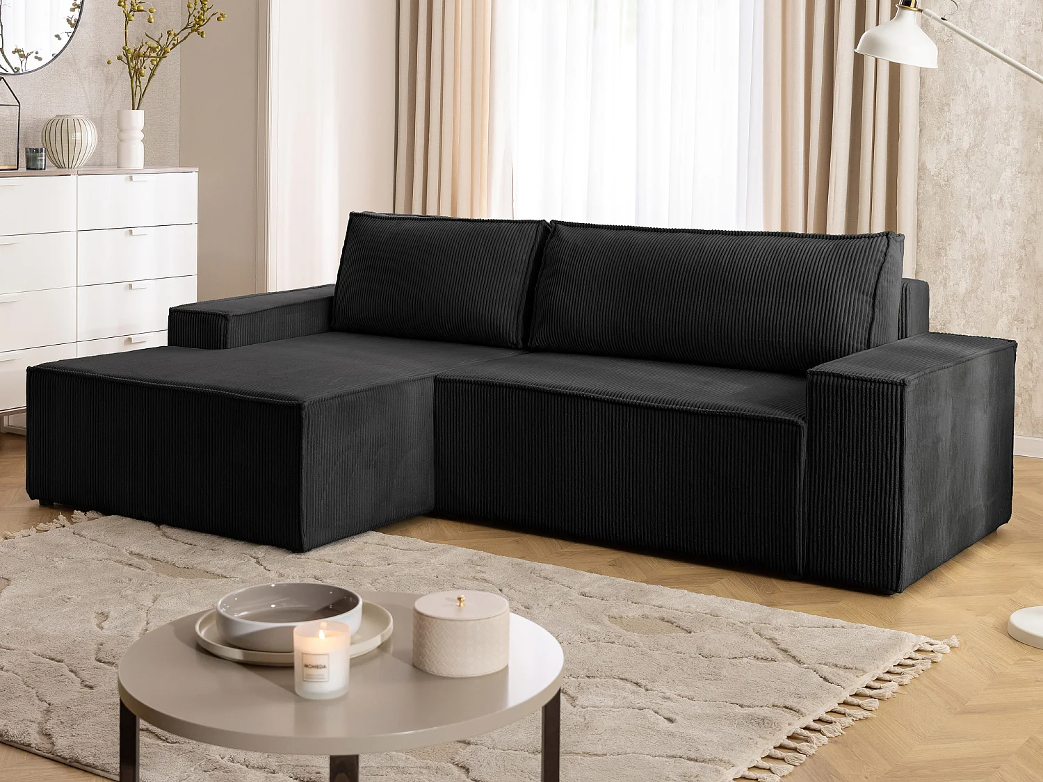 Canapé d’angle avec fonction couchage et coffre de rangement en tissu côtelé RIVIO