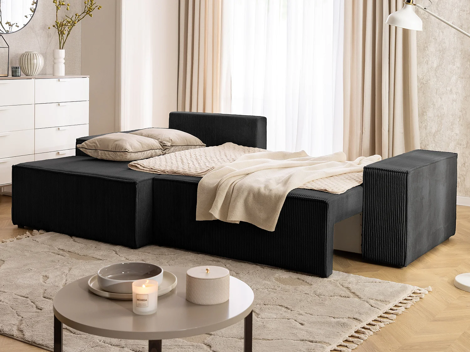 Canapé d’angle avec fonction couchage et coffre de rangement en tissu côtelé RIVIO
