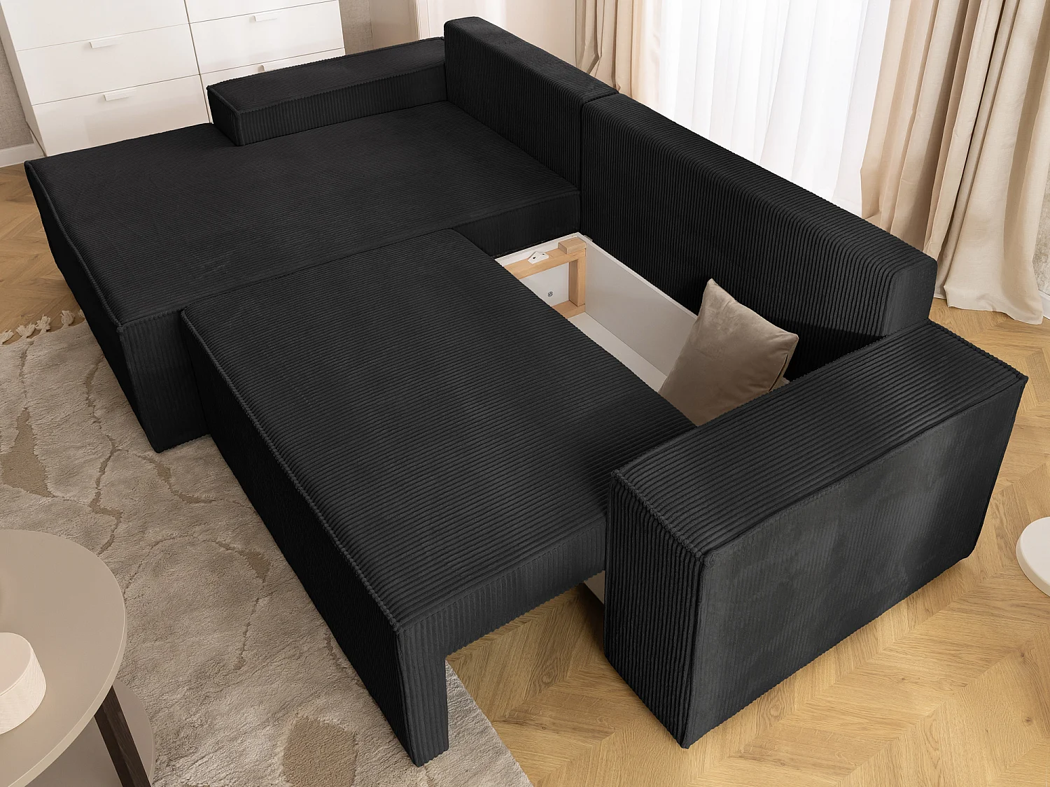 Canapé d’angle avec fonction couchage et coffre de rangement en tissu côtelé RIVIO