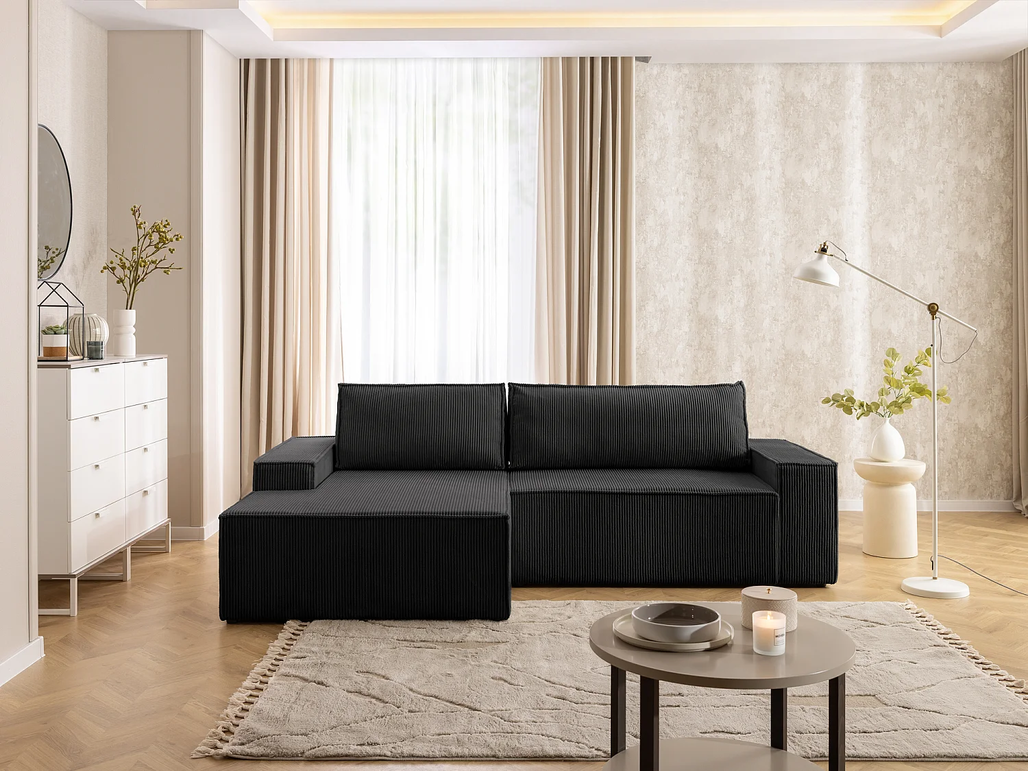 Canapé d’angle avec fonction couchage et coffre de rangement en tissu côtelé RIVIO