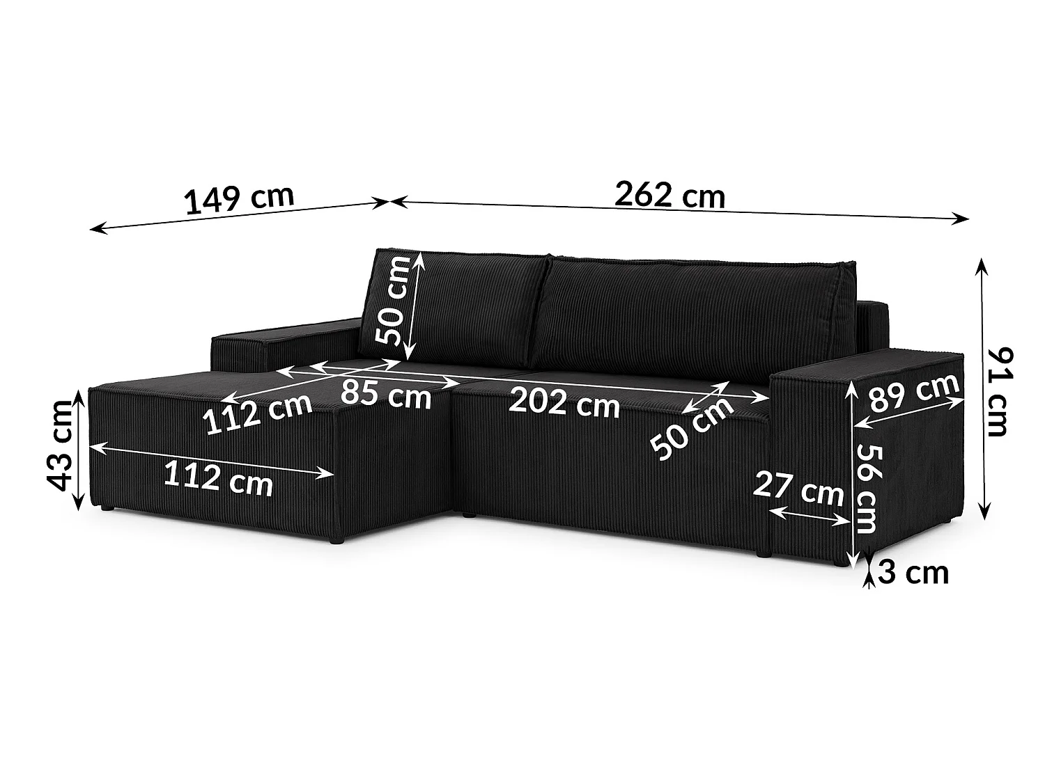 Canapé d’angle avec fonction couchage et coffre de rangement en tissu côtelé RIVIO