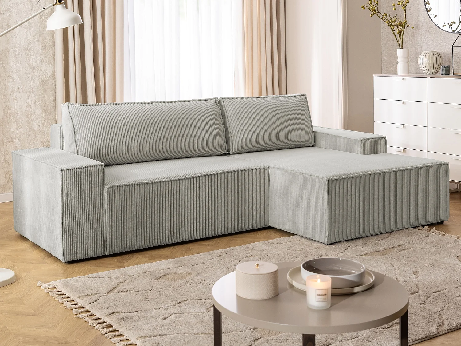 Canapé d’angle avec fonction couchage et coffre de rangement en tissu côtelé RIVIO