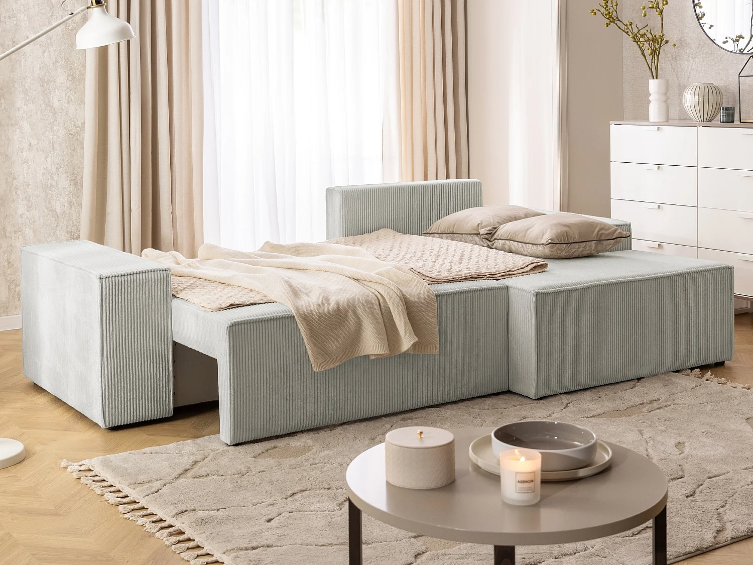 Canapé d’angle avec fonction couchage et coffre de rangement en tissu côtelé RIVIO