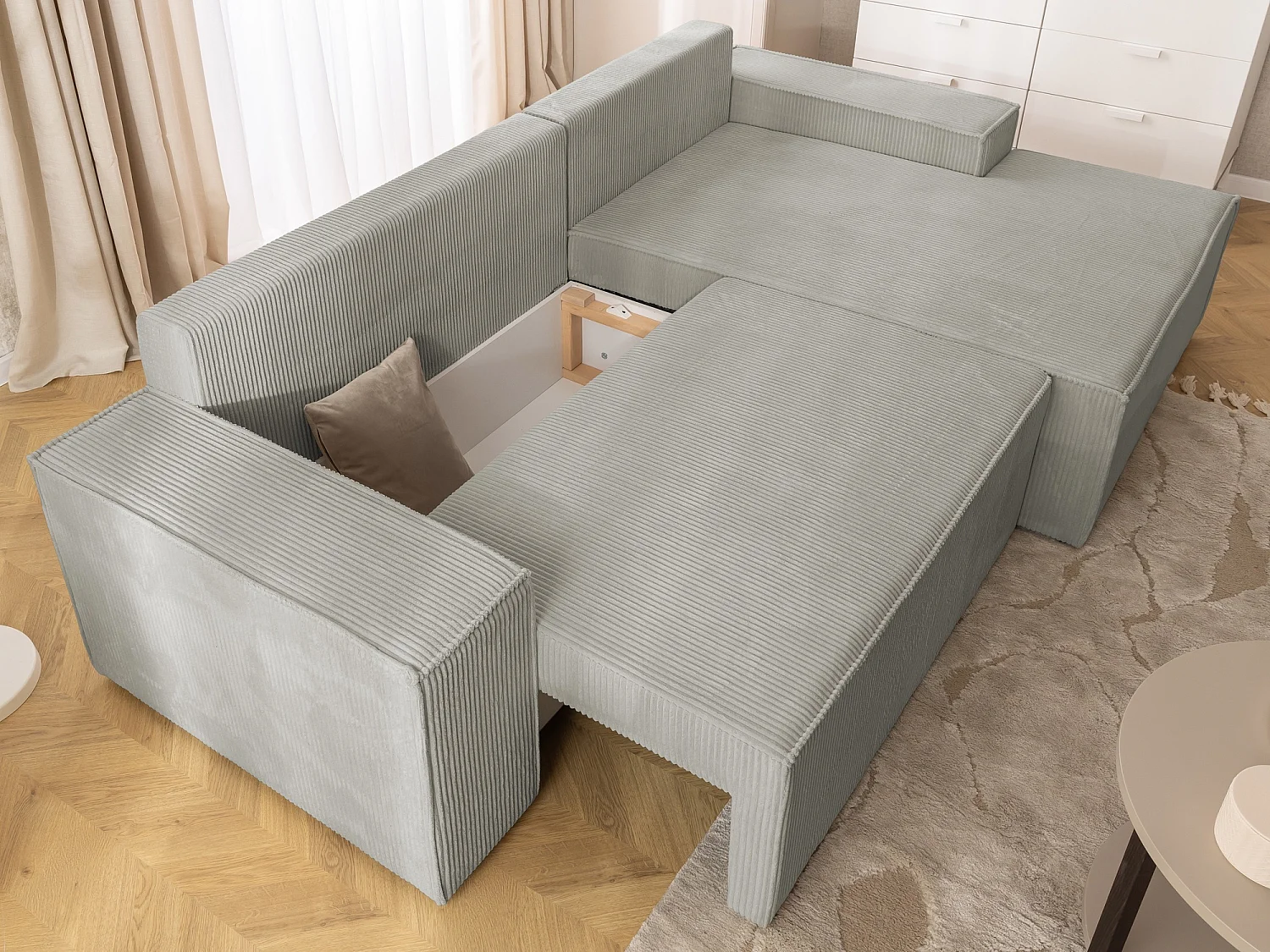 Canapé d’angle avec fonction couchage et coffre de rangement en tissu côtelé RIVIO