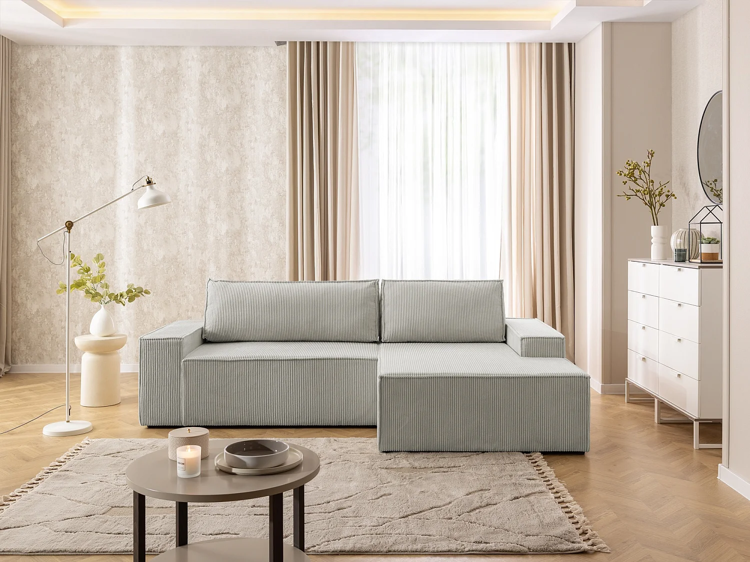 Canapé d’angle avec fonction couchage et coffre de rangement en tissu côtelé RIVIO