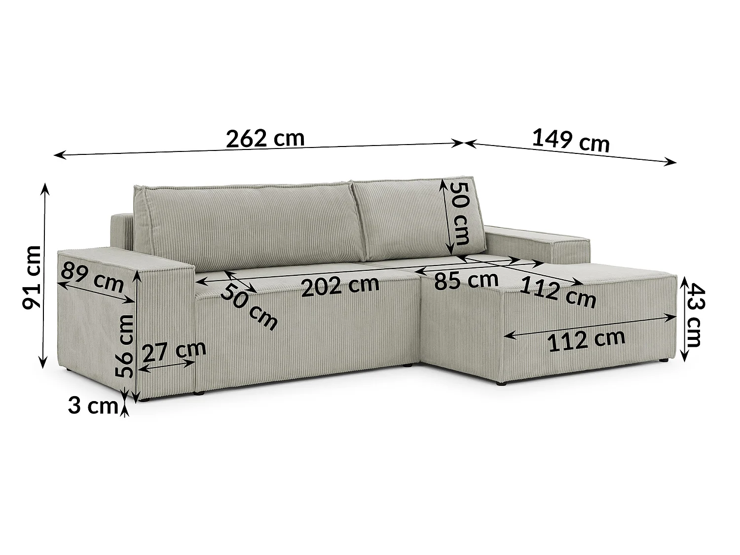 Canapé d’angle avec fonction couchage et coffre de rangement en tissu côtelé RIVIO